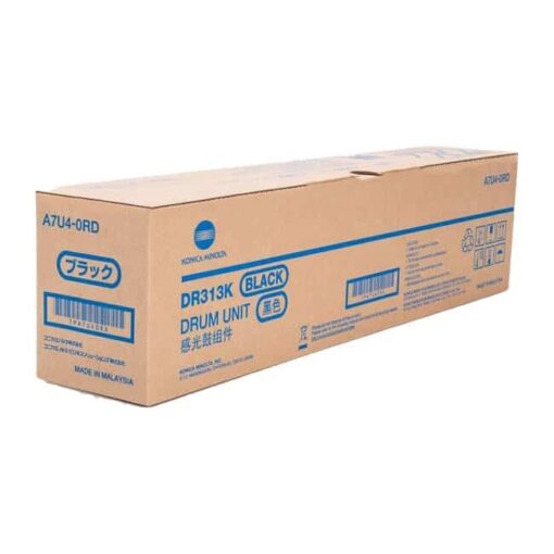Unitate de tambur DR313K neagră, compatibilă cu imprimantele Konica Minolta, ambalaj de carton.
