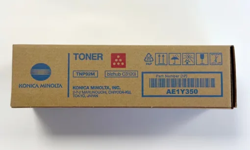 Cartus toner Konica Minolta TNP92M pentru imprimante bizhub C3120, ambalaj de carton cu detalii tehnice.