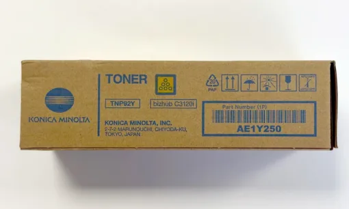 Cartus toner Konica Minolta TNP92Y pentru imprimante bizhub C3120, cu număr de parte AE1Y250, ambalaj din carton.