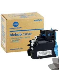 Cartus toner cyan pentru imprimanta Konica Minolta bizhub C3100P, model TNP50C, ambalat în cutie de carton.