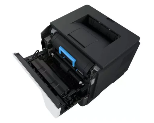 Imprimantă multifuncțională cu scanner și copiere, dotată cu un compartiment pentru cartușe și un design compact.