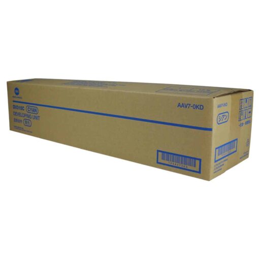 Unitate de dezvoltare cyan AAV7-0KD, ambalaj de carton, compatibilă cu imprimantele specifice, produs de marca Konica Minolta.