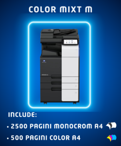 Abonamentul Mixt M ofera spre inchiriere copiatoare pentru firmele cu un volum mic de printare, avand incluse 500 pagini color A4, respectiv 2500 pagini monocrom A4 lunar. Gratuit! Numarul de pagini pentru functia de scanare este nelimitat! Functii: Copiator, imprimanta, scanner. Dotari: RADF, DUPLEX, Interfata RETEA
