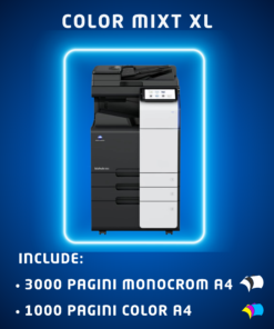 Abonamentul Mixt XL ofera spre inchiriere copiatoare pentru firmele cu un volum mare de printare, avand incluse 1000 pagini color A4, respectiv 3000 pagini monocrom A4 lunar. Gratuit! Numarul de pagini pentru functia de scanare este nelimitat Functii: Copiator, imprimanta, scanner Dotari: RADF, DUPLEX, Interfata RETEA Abonament lunar (Pretul este fără TVA)