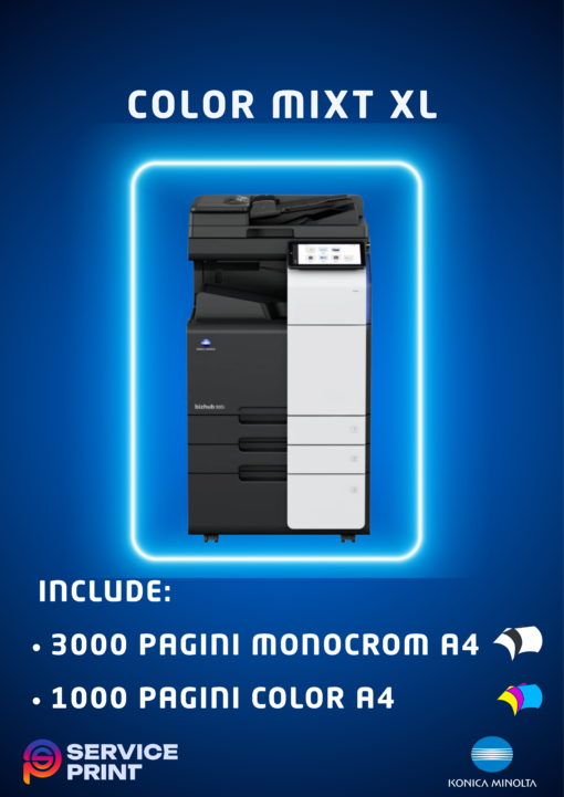Abonamentul Mixt XL ofera spre inchiriere copiatoare pentru firmele cu un volum mare de printare, avand incluse 1000 pagini color A4, respectiv 3000 pagini monocrom A4 lunar. Gratuit! Numarul de pagini pentru functia de scanare este nelimitat Functii: Copiator, imprimanta, scanner Dotari: RADF, DUPLEX, Interfata RETEA Abonament lunar (Pretul este fără TVA)