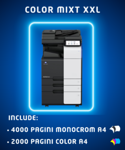 Abonamentul Mixt XXL ofera spre inchiriere copiatoare pentru firmele cu un volum mare de printare, avand incluse 2000 pagini color A4, respectiv 4000 pagini monocrom A4 lunar. Gratuit! Numarul de pagini pentru functia de scanare este nelimitat Functii: Copiator, imprimanta, scanner Dotari: RADF, DUPLEX, Interfata RETEA
