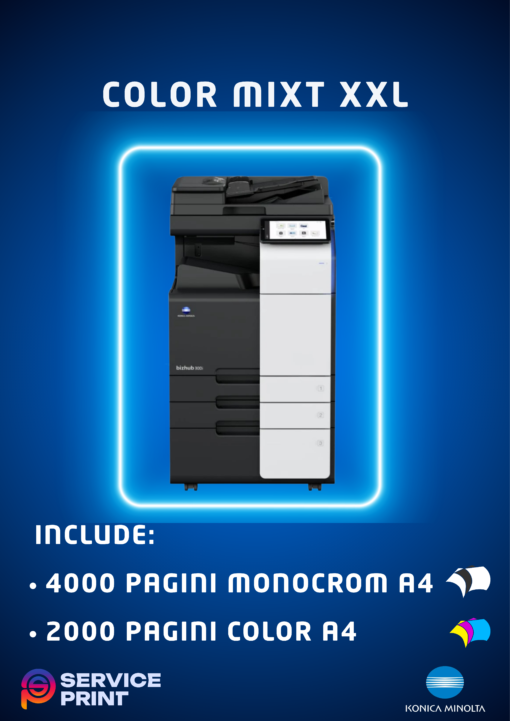Abonamentul Mixt XXL ofera spre inchiriere copiatoare pentru firmele cu un volum mare de printare, avand incluse 2000 pagini color A4, respectiv 4000 pagini monocrom A4 lunar. Gratuit! Numarul de pagini pentru functia de scanare este nelimitat Functii: Copiator, imprimanta, scanner Dotari: RADF, DUPLEX, Interfata RETEA