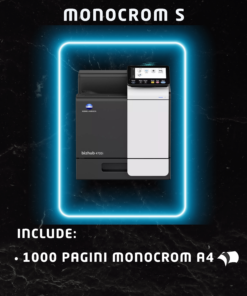 Abonamentul Monocrom S ofera spre inchiriere copiatoare pentru firmele cu un volum mic de printare, avand incluse 1000 pagini A4 alb-negru.