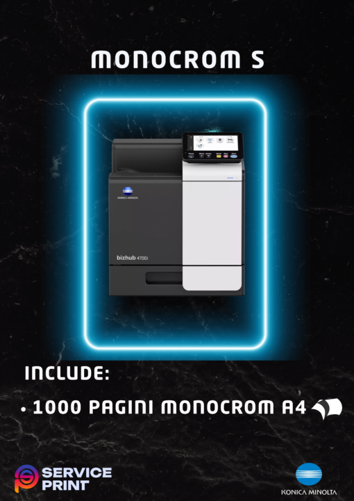 Abonamentul Monocrom S ofera spre inchiriere copiatoare pentru firmele cu un volum mic de printare, avand incluse 1000 pagini A4 alb-negru.
