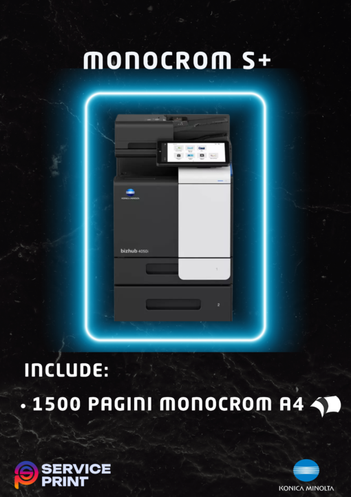 bonamentul Monocrom S+ ofera spre inchiriere copiatoare pentru firmele cu un volum mediu de printare, avand incluse 1500 pagini A4 alb-negru. Gratuit! Numarul de pagini pentru functia de scanare este nelimitată! Functii: Copiator, imprimanta, scanner. Dotari: RADF, DUPLEX, Interfata RETEA.
