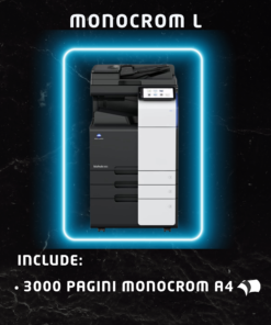 Abonamentul Monocrom L ofera spre inchiriere copiatoare pentru firmele cu un volum mediu de printare, avand incluse 3000 de pagini alb-negru A4. Gratuit! Numarul de pagini pentru functia de scanare este nelimitat ! Functii: Copiator, imprimanta, scanner. Dotari: RADF, DUPLEX, Interfata RETEA.
