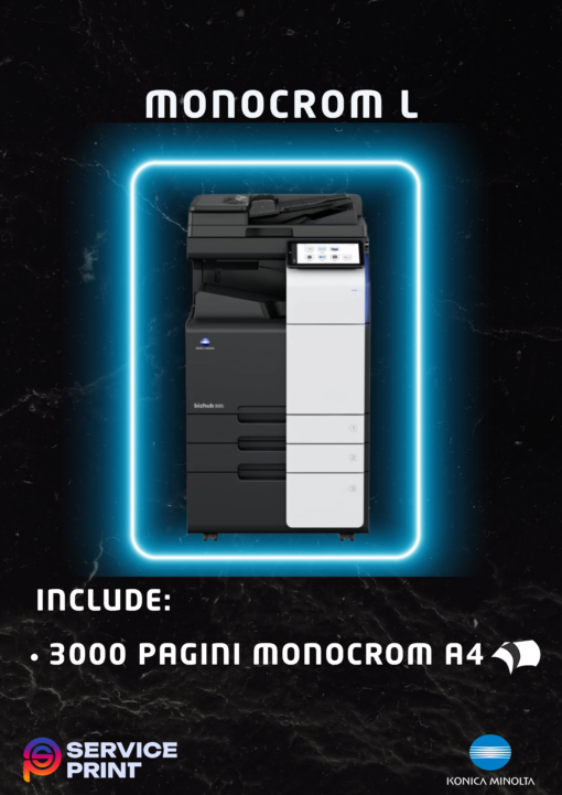 Abonamentul Monocrom L ofera spre inchiriere copiatoare pentru firmele cu un volum mediu de printare, avand incluse 3000 de pagini alb-negru A4. Gratuit! Numarul de pagini pentru functia de scanare este nelimitat ! Functii: Copiator, imprimanta, scanner. Dotari: RADF, DUPLEX, Interfata RETEA.