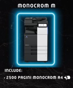 Abonamentul Monocrom M ofera spre inchiriere copiatoare pentru firmele cu un volum mediu de printare, avand incluse 2500 pagini A4 alb-negru. Gratuit! Numarul de pagini pentru functia de scanare este nelimitat ! Functii: Copiator, imprimanta, scanner. Dotari: RADF, DUPLEX, Interfata RETEA.