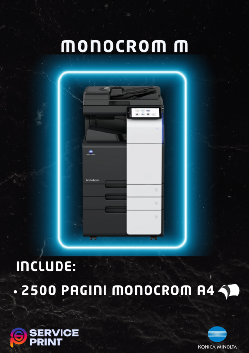 Abonamentul Monocrom M ofera spre inchiriere copiatoare pentru firmele cu un volum mediu de printare, avand incluse 2500 pagini A4 alb-negru. Gratuit! Numarul de pagini pentru functia de scanare este nelimitat ! Functii: Copiator, imprimanta, scanner. Dotari: RADF, DUPLEX, Interfata RETEA.