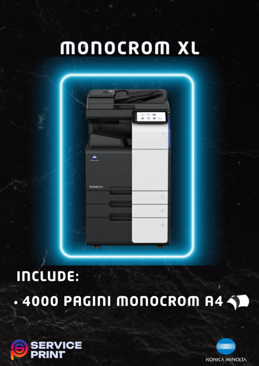 Abonamentul Monocrom XL ofera spre inchiriere copiatoare pentru firmele cu un volum mare de printare, avand incluse 4000 de pagini alb-negru A4. Gratuit! Numarul de pagini pentru functia de scanare este nelimitat! Functii: Copiator, imprimanta, scanner. Dotari: RADF, DUPLEX, Interfata RETEA.