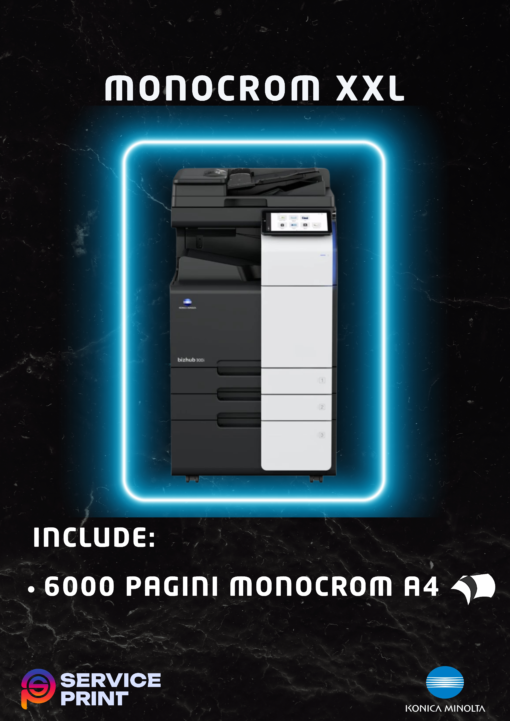 Abonamentul Monocrom XXL ofera spre inchiriere copiatoare pentru firmele cu un volum mare de printare, avand incluse 6000 de pagini alb-negru A4. Gratuit! Numarul de pagini pentru functia de scanare este nelimitat! Functii: Copiator, imprimanta, scanner. Dotari: RADF, DUPLEX, Interfata RETEA.
